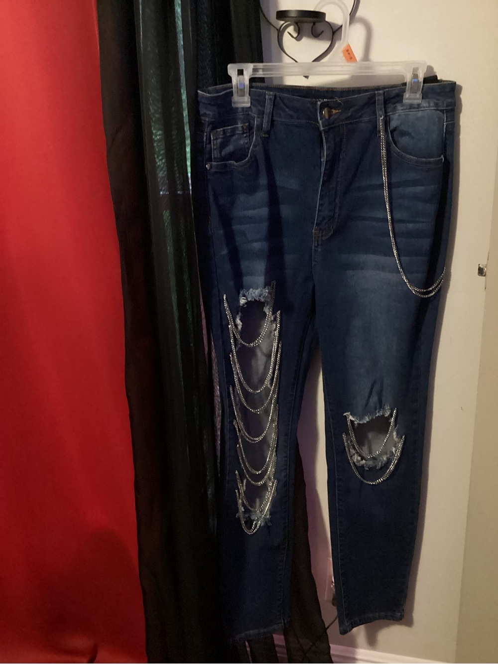 Women's Dark Blue Skinny Jeans with Chain Trim size13